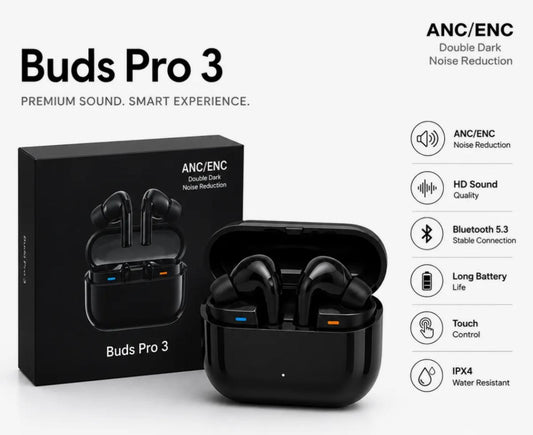 Buds Pro 3 Wireless Earbuds Black Edition | ANC ENC Noise Cancellation | Bluetooth 5.3 | Touch Control | HD Stereo Sound | Long Battery Life